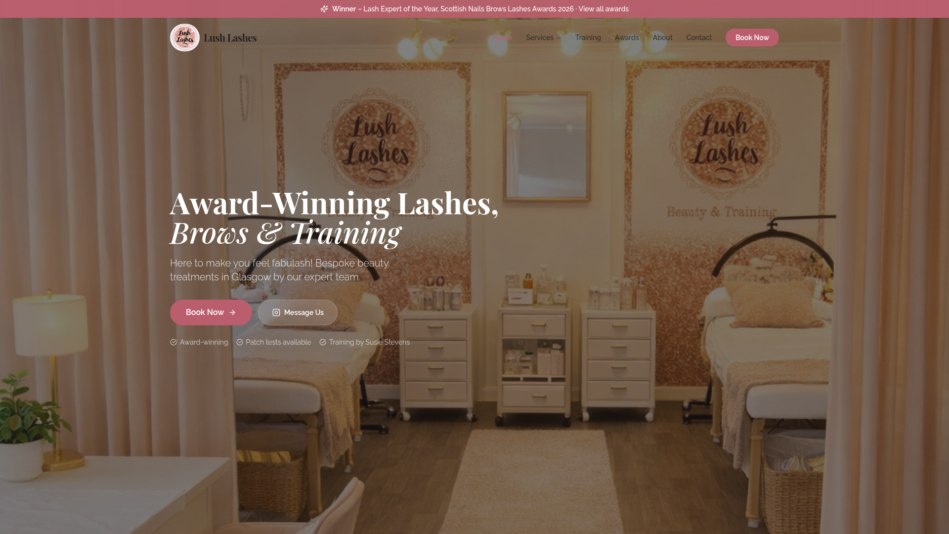 Lush Lashes Beauty & Training website screenshot